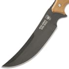It has a razor-sharp full-tang, 6” stainless steel upswept blade with a black, non-reflective finish and finger jimping