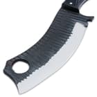 The knife has a full-tang, 7 3/4” rough-forged carbon steel, curved cleaver-style blade with a hole for hanging in the end