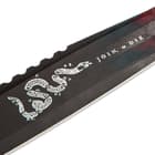 It has a, 18" razor-sharp, full-tang AUS-8 stainless steel blade with a black-coated finish and features “Join or Die” artwork