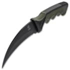 The 4 1/2” wickedly curved blade is crafted of 3Cr13 stainless steel with a tough, black-coated finish and it has a penetrating point