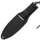 The throwing knife is 9” in overall length and can be stored and carried in a tough, 600D nylon belt sheath