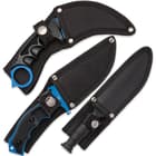 The karambit, huntsman, and military knife all shown housed in respective nylon sheaths.