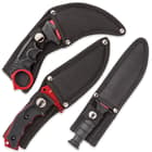 The karambit, huntsman, and military knife all shown secured into nylon sheaths.