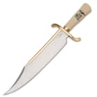 The knife is 19 3/4” with gold plated blade catcher and guard, synthetic ivory handle, and polished stainless steel blade.