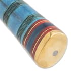 The handle is of genuine aqua blue bone with carved artwork and bands of crimson and blue wood, accented by brass