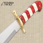 Timber Wolf Ruby Stripe Bowie Knife And Sheath - Stainless Steel Blade, Bone And Wooden Handle, Brass Guard And Pins - Length 16”