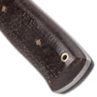 The glossy handle scales are crafted of brown linen Micarta, secured to the tang with brass pins and it has a lanyard hole