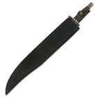 A black leather sheath houses the 18 1/2" blade. 
