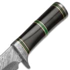 The genuine black bone handle is accented with dark green rings and brass spacers and features a Damascus steel pommel