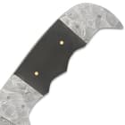 The genuine black horn handle scales are secured to the tang with stainless steel pins and the handle features finger grips
