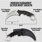 The karambit’s boot sheath is shown clipped to a boot with a hand shown holding it by the over-molded handle with open-hole pommel.