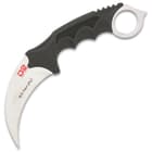 The 4” karambit has a razor-sharp, D2 tool steel curved blade with a penetrating point and the handle is grippy, over-molded TPU with the classic finger-ring pommel