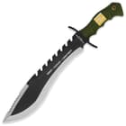 The 16 1/2” kukri has a 11 1/2” stainless steel blade with serrations and rubberized handle with “Marine Force Recon” medallion.