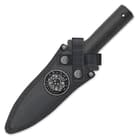 The spearhead comes with a dual strap nylon belt sheath stamped with the “Colombian Survival” logo. 