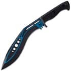 The knife has a razor-sharp, 10 1/2” cast stainless steel blade with blue accents, extending from a stainless steel guard