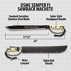 USMC Semper Fi Sawback Machete Knife With Sheath - Stainless Steel Blade, Rubberized Injection-Molded Handle - Length 24”