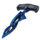 It has a metallic blue and black, 5 3/4” 2Cr13 cast stainless steel blade with an open twisted design giving you multiple edges