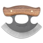 It has a keenly sharp, 5 1/2” 1095 high carbon steel curved blade with a rough-forged finish along the double tang