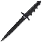 It has an 8 1/8”, 1065 carbon steel dagger blade with a hard, black coating and it goes down to a penetrating point