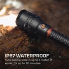 The waterproof and impact-resistant flashlight is made out of anodized aircraft-grade aluminum, and it has a backlit button