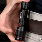The flashlight is 4 1/5” when compacted and 4 7/10” when extended and it has a dual-direction steel clip for ease of carry