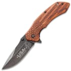 American Flag Pocket Knife - Stonewashed Black Stainless Steel Blade, Engraved Wooden Handle Scales, Pocket Clip