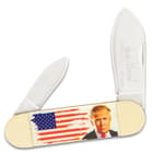 The pocket knife has stainless steel blades with an etched Donald J. Trump signature and nail nicks for ease of opening