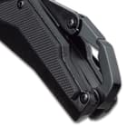 The 8 1/2” overall pocket knife is 4 1/2”, when closed, and has a sturdy, black stainless steel pocket clip and a carabiner