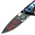 The black blade is stainless steel with 3D-printed artwork.
