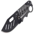 It has a 2 1/4” 440C stainless steel blade with a black finish and it can be deployed manually with a thumb hole