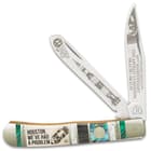 The pocket knife has two, razor-sharp stainless steel blades with artwork celebrating the 50th Anniversary of the Apollo 13