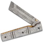 Kriegar Damascus Pocket Knife With Sheath - Damascus Steel Blade, Damascus Steel Handle, Brass And Fileworked Liners