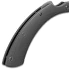 Back view of the black G10 handle scale with black liners of black, non-reflective stainless steel.