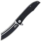 The black handle scales are crafted of aluminum with a crosshatch pattern, making it lightweight and slip-free