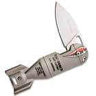 The assisted opening pocket knife has a 2 1/4” 3Cr13 stainless steel drop point blade, secured with a liner lock
