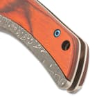 The handle is also crafted of DamascTec steel and features rich, wooden handle scales and a small lanyard hole