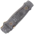 The handle scales are crafted of Damascus steel with rosette accents and the handle features fileworked brass liners