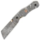 The knife has a full-tang, 3 1/2” Damascus steel reverse tanto blade that can be deployed with a brass thumbstud