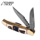 Timber Wolf Filework Hunter Pocket Knife Damascus