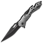 Rampage Grey Atomica Assisted Opening Pocket Knife - Stainless Steel Blade, Aluminum Handle, Bottle Opener, Pocket Clip - Closed 4 3/4”