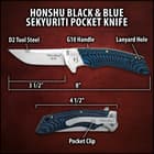 Upclose view of a open pocket knife's handle with a tie-dye stle blue and black handle. 
