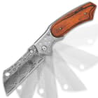 Buckshot Assisted Opening Damascus Pocket Knife - Stainless Steel Blade, Damascus Etch, Wooden Handle, Pocket Clip
