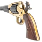 It has genuine walnut grips and a brass trigger guard, plus, it features a fixed, groove rear sight and a fixed front sight