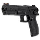 The spring-piston powered air pistol has a black polymer construction with a smooth bore barrel and fiber optic sights