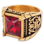 Red Jeweled Medici Ring - Two-Toned Stainless Steel Construction, Faux Jewel, Remarkable Detail - Available In Sizes 9-12