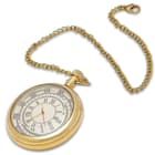 Antique Replica Brass Pocket Watch And Chain - Solid Brass Construction, High-Polish Finish, Roman Numerals - Diameter 2”