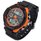 This black and orange, digital watch has loads of features including 12/24 hour time, auto calendar, alarms and chronograph