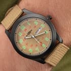 M48 Tan NATO Watch - Analog, Metal Case, Canvas Band, Glow-In-The Dark Numbers And Hands, Date Window, Military Time