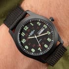 M48 Black NATO Watch - Analog, Metal Case, Canvas Band, Glow-In-The Dark Numbers And Hands, Date Window, Military Time