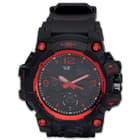 This black and red, digital watch has loads of features including 12/24 hour time, auto calendar, alarms and count down